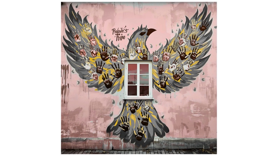 Handprint firebird mural by IEA students